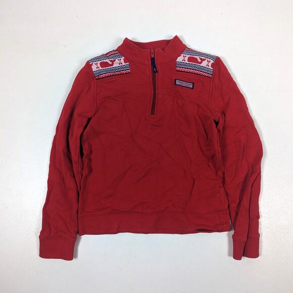 Vineyard Vines Shep Shirt Girls Size 10-12 1/2 Zip Red Fair Isle Terry Holiday - Picture 1 of 8